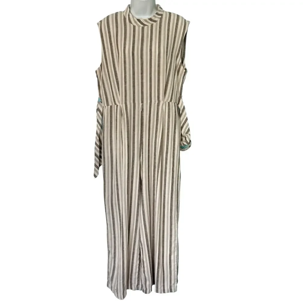 Calvin Klein White Beige Mock Neck Pinstripe Linen Blend Cropped Jumpsuit sz 12 - Picture 12 of 16